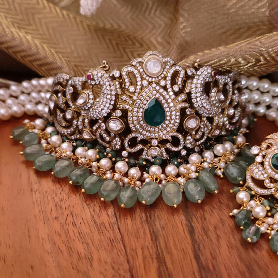 Real Moissanite and Faux Emerald Choker Set